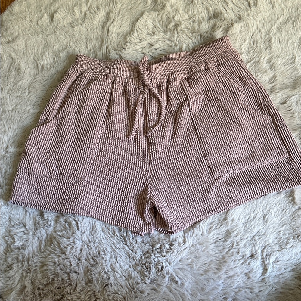 Pink Textured Drawstring Shorts